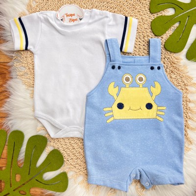  Conj. Body Manga Curta e Jardineira Caranguejo - Branco e Azul Claro